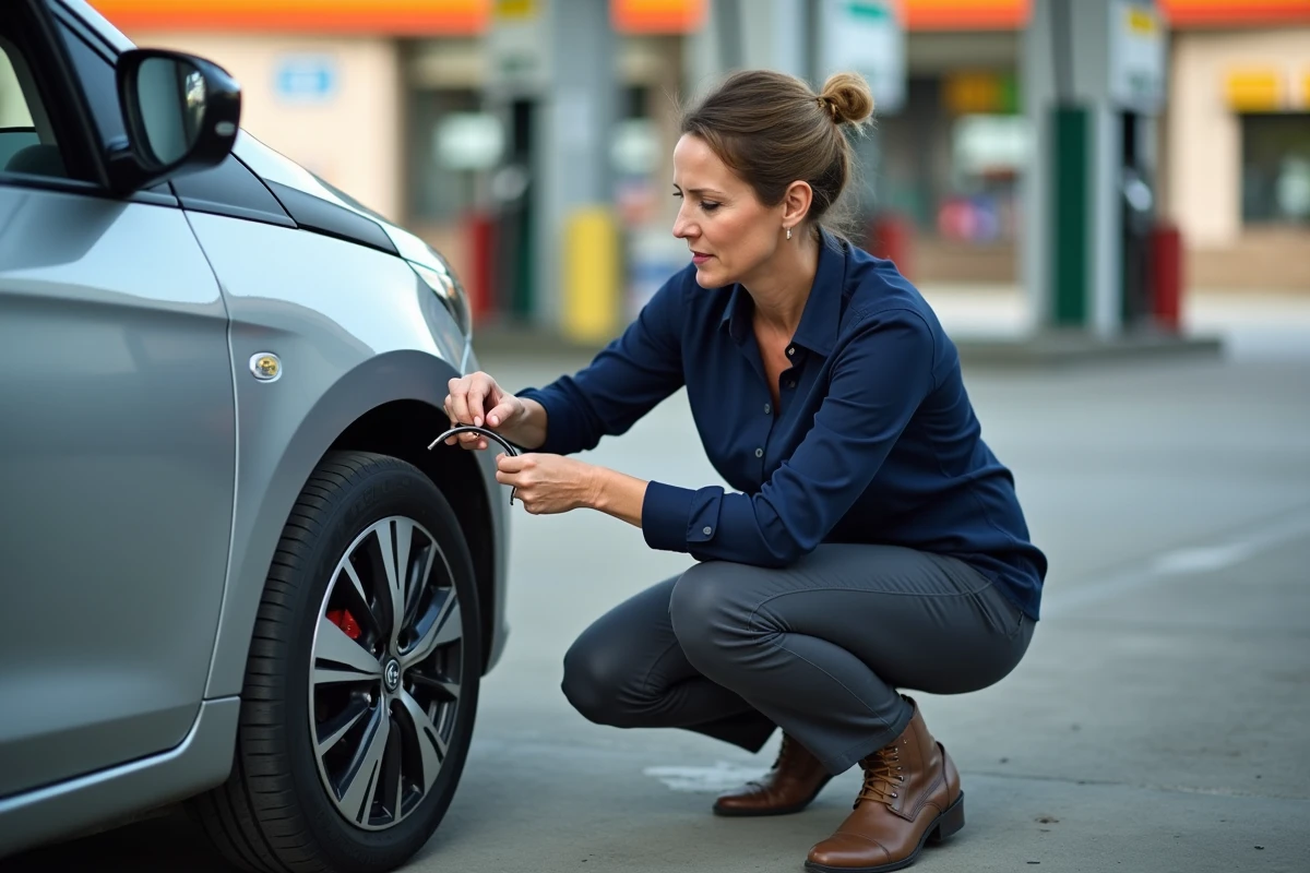 Femme vérifiant la pression des pneus à la station-service pour optimiser la consommation d'essence
