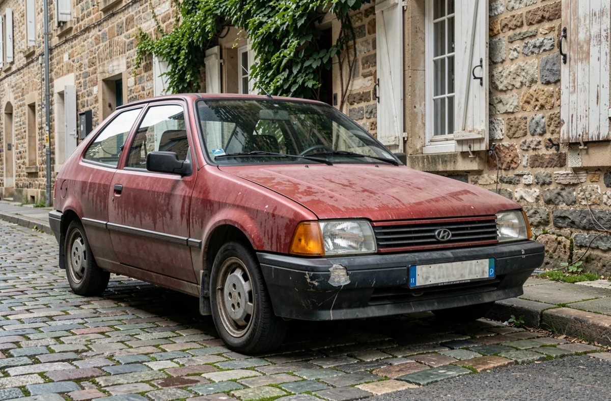 Vieille voiture compacte des années 90 garée dans une rue pavée d'un village français, symbole des enjeux d'assurance pour véhicules anciens