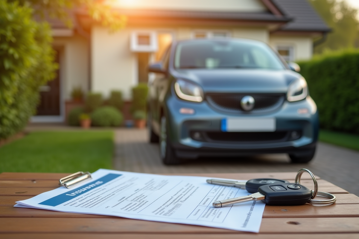 Voiture compacte garée devant une maison avec clés et police d