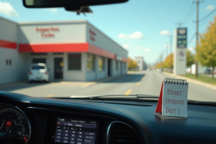 Voiture garée devant centre de contrôle technique ensoleillé