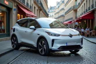 Voiture compacte moderne garée dans une rue parisienne, représentant les modèles les plus vendus en France en 2026