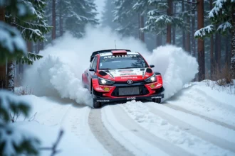 Voiture de rallye en dérapage sur une route enneigée en forêt avec projections de neige