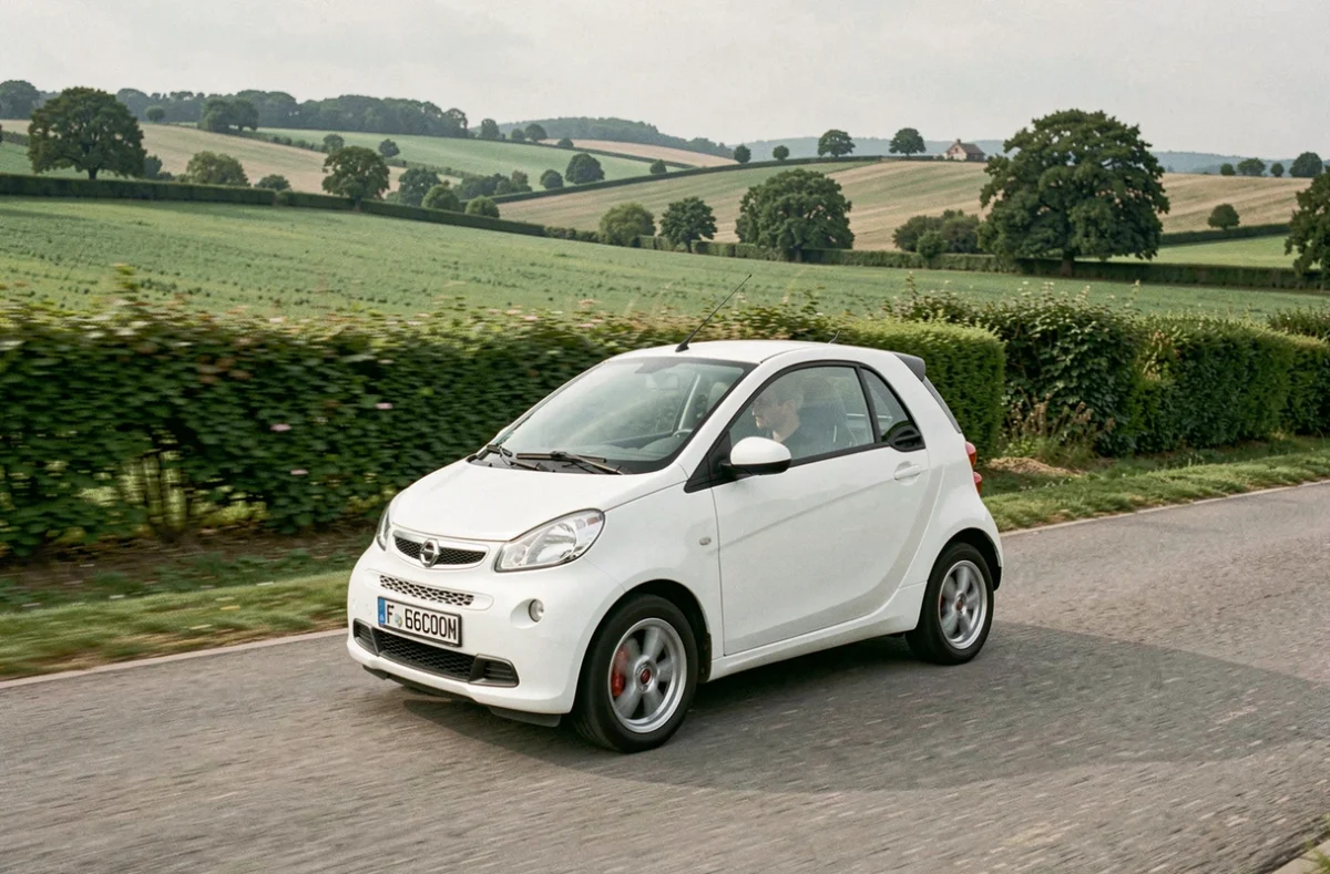 Voiture sans permis blanche roulant sur une route de campagne française entourée de verdure