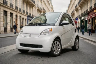 Voiture sans permis blanche garée sur un trottoir urbain en France, vue trois quarts avant