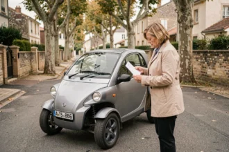 Femme consultant les documents réglementaires d'une voiture sans permis garée dans une rue résidentielle française