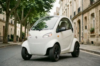 Voiture sans permis compacte blanche garée dans une rue résidentielle française, idéale pour une location longue durée pas chère