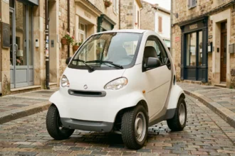 Voiture sans permis blanche garée dans une rue pavée d'un village français, vue de trois quarts avant