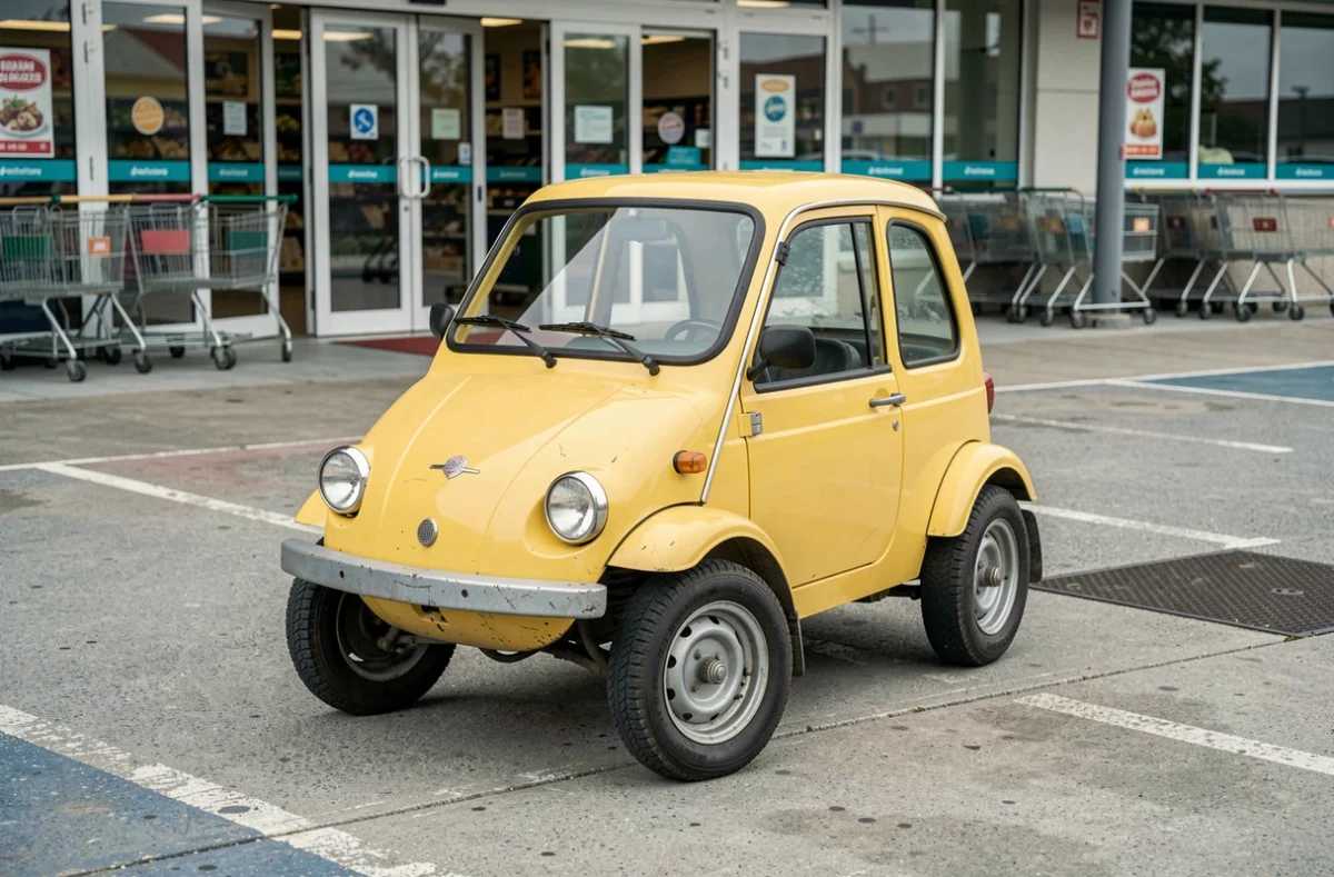 Petite voiture sans permis jaune garée devant un supermarché de banlieue française, exemple d'utilisation quotidienne en location