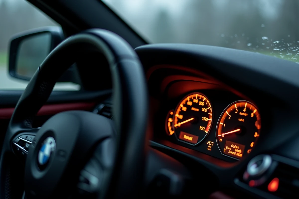 Voyant moteur allumé sur le tableau de bord d'une BMW, signal d'alerte orange visible à froid