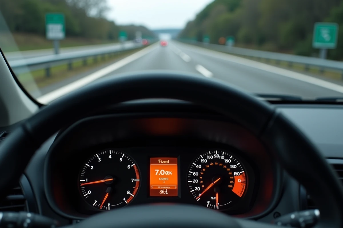 Gros plan sur le tableau de bord d'un Renault Captur avec un voyant orange allumé sur autoroute française
