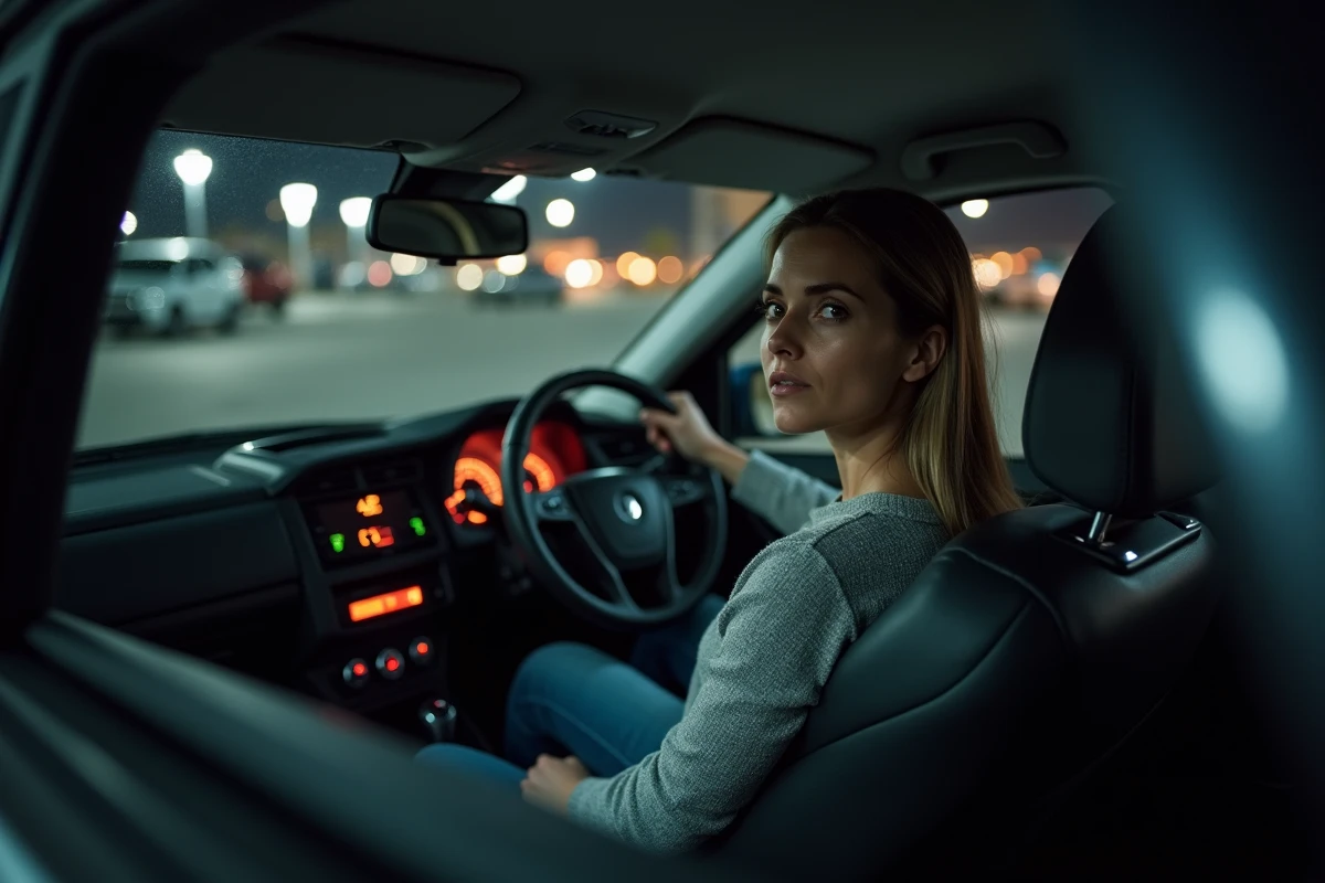 Femme inquiète face aux voyants tableau de bord allumés batterie ABS moteur dans une voiture