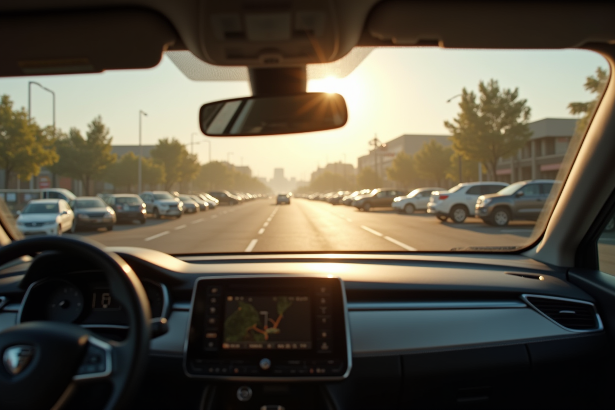 Vue matinale depuis l interieur d une voiture au parking